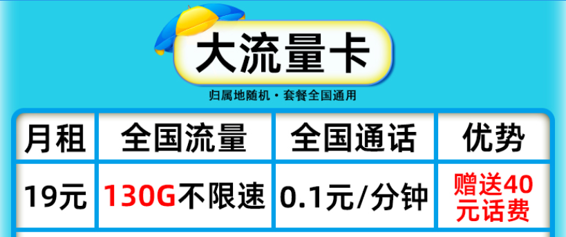 中國聯通 19元流量卡長期套餐100G大流量贈送40元話費