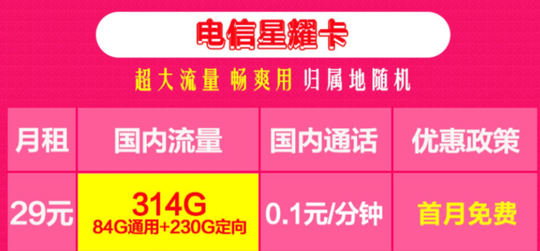 電信超大流量卡 哈爾濱可用314G+首月免費(fèi)用超值套餐無合約