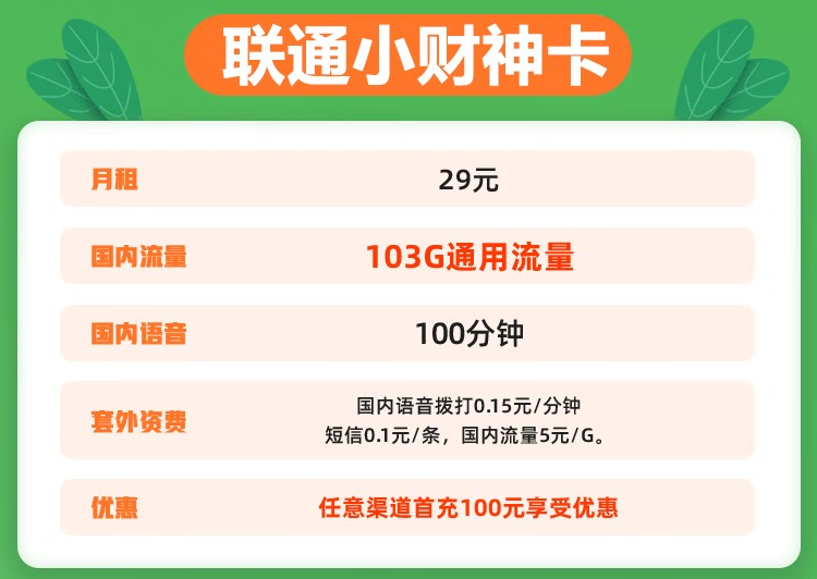 中國聯通校園卡 聯通小財神卡29元103G通用流量+100分鐘 全國通用高速流量不限速