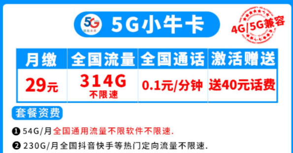 電信5G流量卡套餐推薦 小牛卡300多G全國不限速流量首月免租手機卡