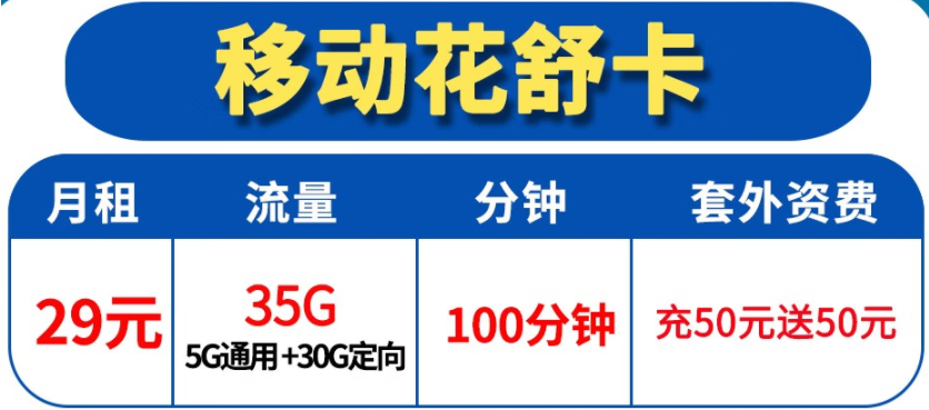 移動(dòng)本地花舒卡-29元35G高速流量100分鐘 套外資費(fèi)充50元送50元