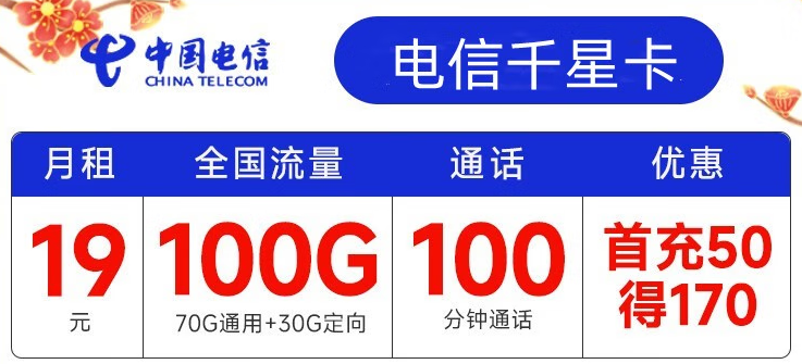 電信有哪些實(shí)用靠譜的流量卡套餐？月租19元包100G全國流量+100分鐘通話 首沖50得170【電信千星卡】