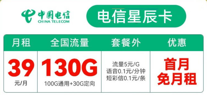 中國電信大爆發 【電信星辰卡】39元包130G超大流量 看劇游戲兩不誤 首月免月租