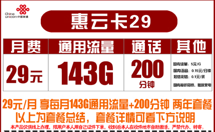 聯通29元惠云卡 月租29元包含143G通用+200分鐘語音優惠2年速看喲