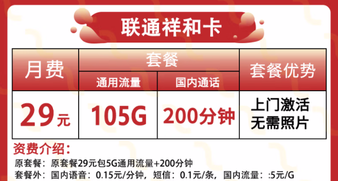 中國聯(lián)通無合約的流量卡套餐推薦 聯(lián)通祥和卡29元【105G通用+200分語音】