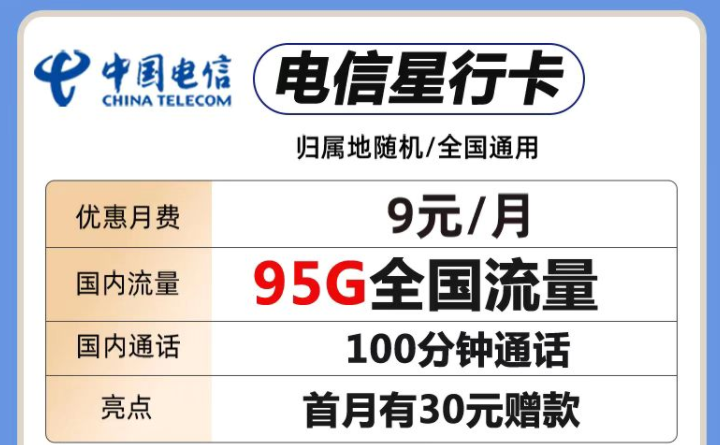 中國電信各檔位流量卡套餐推薦 最低僅需9元包含95G全國流量+100分鐘語音