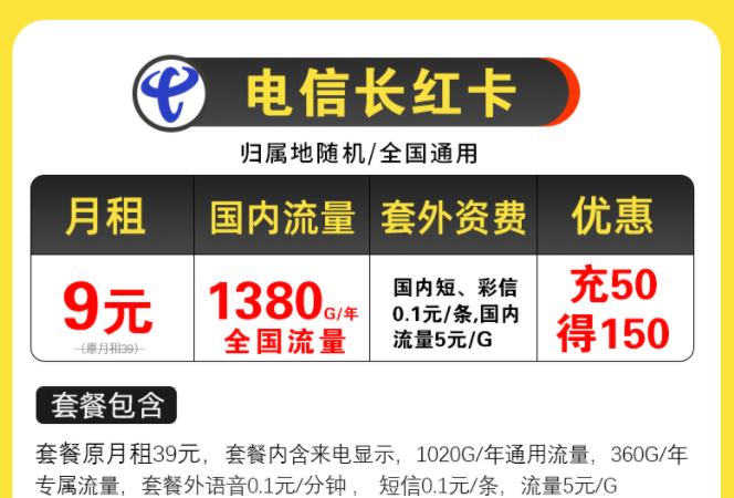 電信超值優(yōu)惠套餐有哪些？電信長(zhǎng)紅卡，月租9元包含125G全國(guó)流量/月不限速手機(jī)上網(wǎng)卡