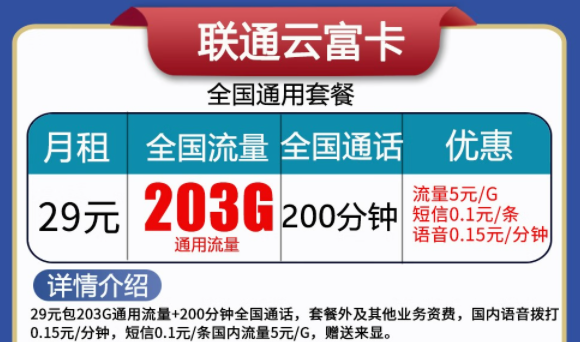 聯通云富卡29元203G流量+200分語音、天啟卡9元100G流量|純通用流量卡|無合約不虛量