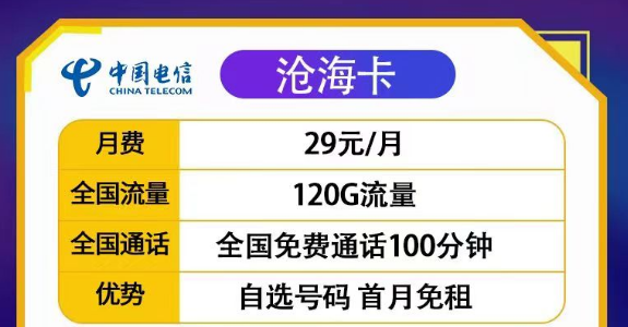 29元滄?？?20G流量+100分20年長期套餐|29元豐登卡100G+首月免費