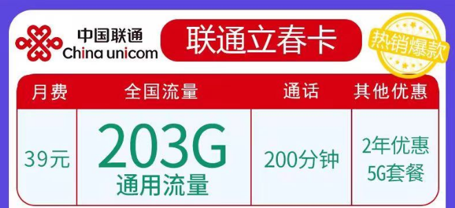 聯通春雨、立春卡純通用流量卡|29元103G、39元203G任選|5G優惠套餐