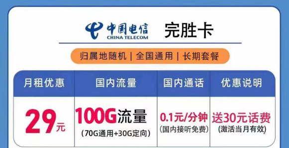 電信29元100G完勝卡+電信19元100G+100分鐘星云卡|激活送話費