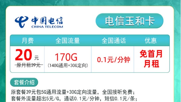 小成本大享受！電信玉和卡|20元月租包含170G流量