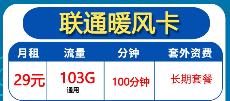 聯通暖風卡|29元月租卡+全通用流量|聯通破冰卡204G通用開卡